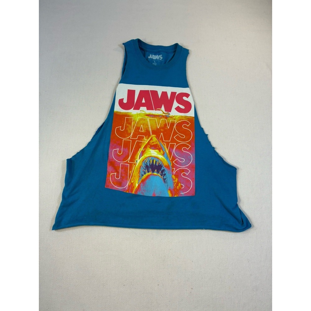 Jaws Movie Graphic Muscle Tank Top Mens Large Blue Cut Off Distressed Shark